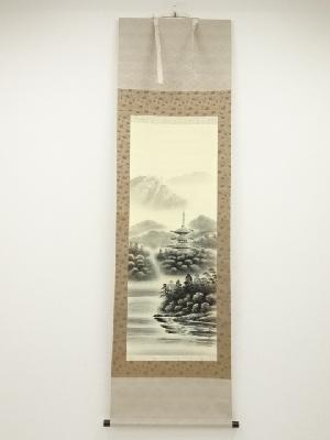 契雪筆　寺塔山水　肉筆絹本掛軸